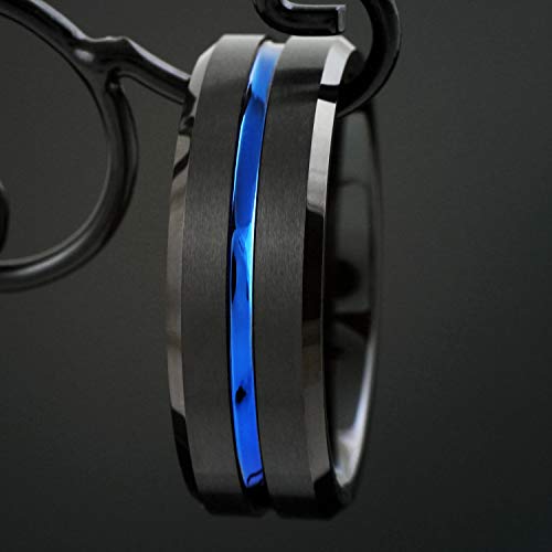 Elegant 6mm/8mm Brushed Satin Finish Black Tungsten Carbide Band Ring w/Cool Thin Blue Line Stripe & Polished Beveled Edges feat. Comfort Fit Inner Band.