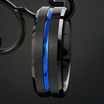 Elegant 6mm/8mm Brushed Satin Finish Black Tungsten Carbide Band Ring w/Cool Thin Blue Line Stripe & Polished Beveled Edges feat. Comfort Fit Inner Band.