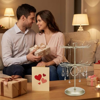 MyGift Brass Metal Rotating Jewelry Stand with 24 Hooks, 2 Tier | Stores Necklaces, Bracelets, Earrings, Keychains & Accessories with Smooth 360° Rotating Display Design - color: Brass (2 Tier)