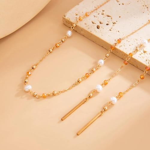 Long Layered Faux Pearl Beaded Chain Necklace for Women,Boho Y Body Chain Gold Drop Lariat Necklace Dainty Statement Fashion Jewelry Gifts - color: Golden