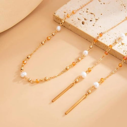 Long Layered Faux Pearl Beaded Chain Necklace for Women,Boho Y Body Chain Gold Drop Lariat Necklace Dainty Statement Fashion Jewelry Gifts - color: Golden