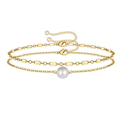 Dainty Gold Bracelets for Women, 14K Gold Plated Adjustable Layered Beads Bracelet Cute Evil Eye Oval Chain Pearl Bar Turtle Gold Bracelets for Women Jewelry - style: Pearl&Chain