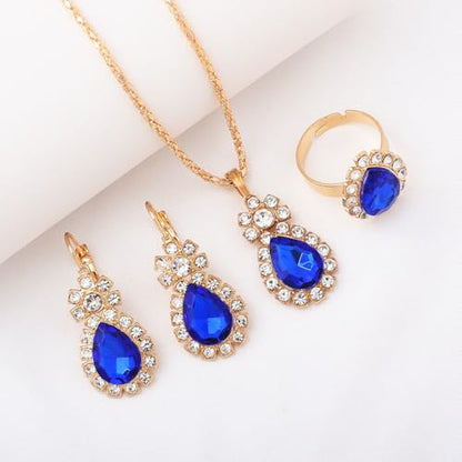Teardrop/Heart Crystal Jewelry Set for Women, Gold Tone Rhinestone Necklace Earrings Ring Set, Wedding Bridal Prom Party Jewelry Gift - color: Blue (teardrop)