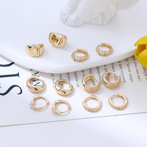 Wgoud Small Gold Hoop Earrings Set for Women, 6 Pairs 14K Gold Plated Hypoallergenic Lightweight Huggie Hoops Earrings, Trendy Cartilage Cubic Zirconia Earrings for Women Gifts. - color: F-Gold hoops