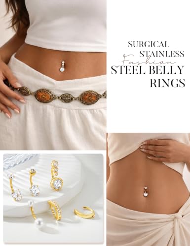 Hypoallergenic Belly Button Ring for Women | 14G, Stainless Steel, Gold Heart CZ Beaded Ball Pearl Belly Ring Stack, Curved Navel Belly Button Piercing Body Jewelry, 9PCS - color: 6PCS-14K Gold Plated