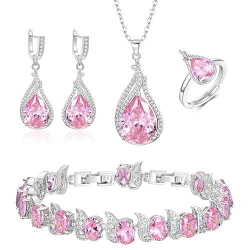 Jewelry Set for Bride, Sparkling Water Drop Cubic Zirconia Crystal Pendant Necklace Leverback Earrings Tennis Bracelet Adjustable Ring Gift for Wedding/Birthday/Mother's Day/Christmas - color: 12-Pink