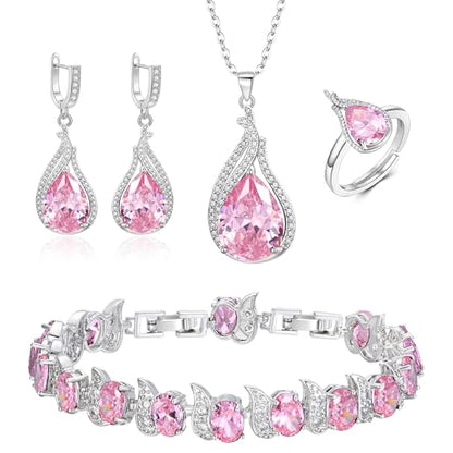 Jewelry Set for Bride, Sparkling Water Drop Cubic Zirconia Crystal Pendant Necklace Leverback Earrings Tennis Bracelet Adjustable Ring Gift for Wedding/Birthday/Mother's Day/Christmas - color: 12-Pink