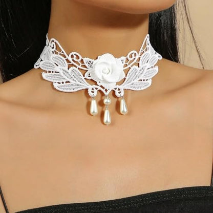 Goth Black Choker Necklace Crystal Bead Pendant Necklace for Women Gothic Velvet Lace Choker Halloween Vampire Witch Cosplay - color: F-White