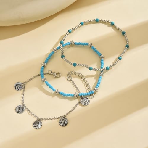 Gold Anklets Bracelets for Women Waterproof Layered Beaded Anklet Bracelets Set Boho Pearl Starfish Shell Anklet Bracelet Stacked Turquoise Anklets Bracelet Summer Beach Foot Jewelry Gift for Women - style: Turquoise