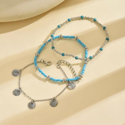 Gold Anklets Bracelets for Women Waterproof Layered Beaded Anklet Bracelets Set Boho Pearl Starfish Shell Anklet Bracelet Stacked Turquoise Anklets Bracelet Summer Beach Foot Jewelry Gift for Women - style: Turquoise