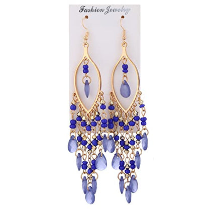 Essencedelight Crystal Beaded Tassel Earring Long Beaded Dangle Earring Fringe Hook Earring for Women Bridal Wedding - color: blue