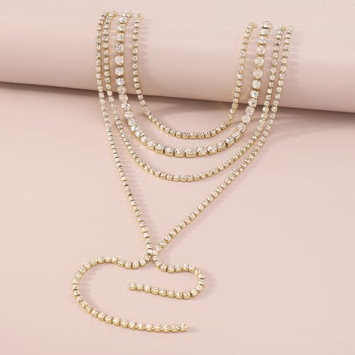 Layered Wedding Choker Rhinestone Necklace Sparkly Long Crystal Neck Chain for Women - color: Gold