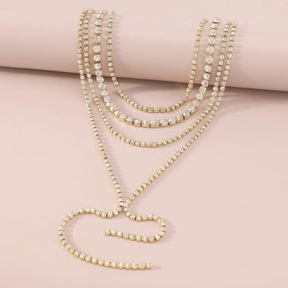 Layered Wedding Choker Rhinestone Necklace Sparkly Long Crystal Neck Chain for Women - color: Gold
