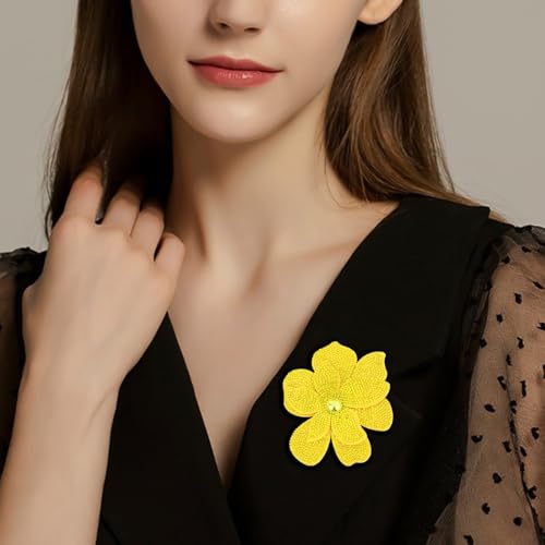 3.74 Inches Rhinestone Camellia Flower Brooch Pins & Hair Clips for Women Elegant Created Crystal Lapel Pin Brooches Wedding Party - color: Yellow