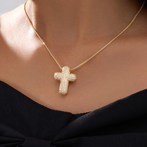 Airmb Cross Necklace for Women Gold/Silver Plated Layered Dainty Cross Chain Trendy Choker Satellite Charm Small Crucifix Pendant Gold/Silver Necklace Stackable Hypoallergenic Delicate Gift for Women - color: Gold-Large Bubble Cross