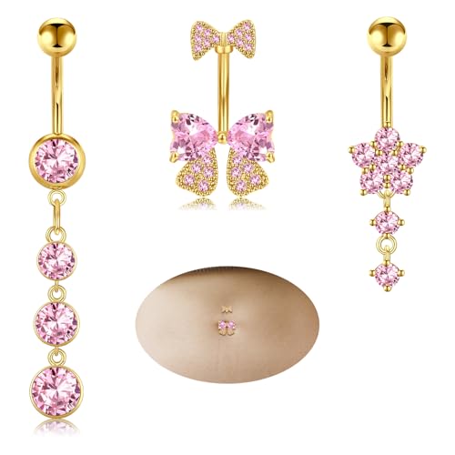 MODRSA Gold Belly Button Ring Dangle Belly Rings Silver Pink Dangling Dangly Belly Button Piercing Hypoallergenic Surgical Steel Opal Butterfly Navel Rings for Women Cute Dainty Navel Jewelry - color: C1- Mix 3pcs - gold pink