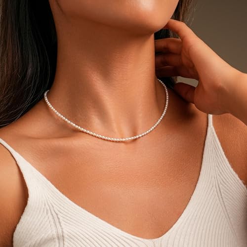 Pearls Necklace, Freshwater Tiny Small Pearls Necklace for Women's Pearl Strand Necklace Chain 18K Gold Plated Hypoallergenic White Necklace as Prom Bridesmaid Birthday Gifts - color: Rice Pearls, 18KWGP Lock