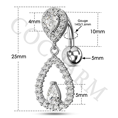 Top Down Belly Button Rings 14g Cute CZ Heart Belly Button Rings for Women Dangle Tear Drop Belly Ring Belly Piercing Jewelry - color: Silver