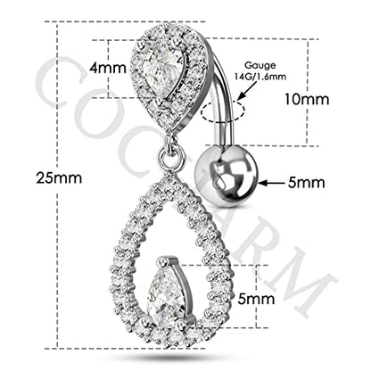 Top Down Belly Button Rings 14g Cute CZ Heart Belly Button Rings for Women Dangle Tear Drop Belly Ring Belly Piercing Jewelry - color: Silver