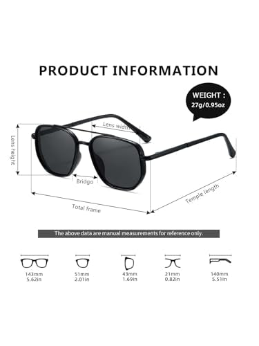 kimorn Women's Square Aviator Sunglasses, Polarized UV400 Pretecion | Retro Frame Shades, Small-Medium Fit, Driving, Beach, Daily Wear - color: Black