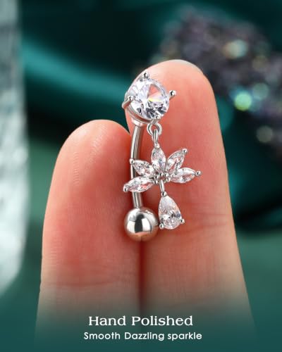 Flower Dangle Belly Button Ring, 14G Gold Reverse Belly Button Piercing for Women, Surgical Steel Silver Navel Piercing Jewelry Hypoallergenic - color: silver