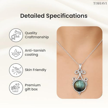 Natural Round Gemstone Pendant Necklace for Women, 925 Sterling Silver | Solitaire Birthstone Jewelry With 18 Inch Chain, Handmade Semi Precious Stone Pendant, Jewelry Gift for Mom, Wife & Sister - color: Labradorite