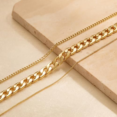 Tewiky Layered Necklaces for Women 14k Gold Plated Chain Necklace Set | Chunky Herringbone/Snake/Rope/Box/Cuban Link Chain for Women, Layering Stack Choker Necklace, Dainty Jewelry Set Non Tarnish - color: 3 Chunky Cuban Box Gold
