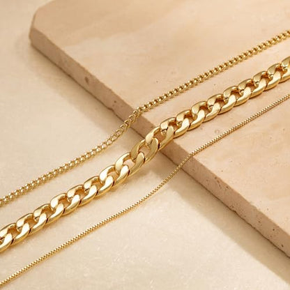 Tewiky Layered Necklaces for Women 14k Gold Plated Chain Necklace Set | Chunky Herringbone/Snake/Rope/Box/Cuban Link Chain for Women, Layering Stack Choker Necklace, Dainty Jewelry Set Non Tarnish - color: 3 Chunky Cuban Box Gold