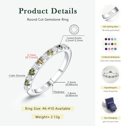 Birthstone Rings Eternity Band 925 Sterling Silver/Yellow Gold-Plated Created Gemstone Stackable Wedding Band 2.7mm Thin Half Eternity Rings for Women Size 6 to 10 - color: 08-Peridot-Aug.