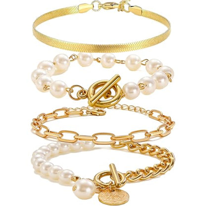 Alegend 14K Gold Plated Stackable Multilayer Bracelets + Titanium Steel(Not Rust, Resist Corruption, Easily Clean) 18K Gold Plated Single Bracelets - color: 14K Gold & Pearl Layered