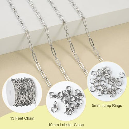 SMYHTGLIF 13 Feet Silver Stainless Steel Paperclip Chain for Jewelry Making | Bulk Chain Spool Craft Jewelry Roll Handmade Chain with Lobster Clasps Jump Rings - color: Paperclip Silver