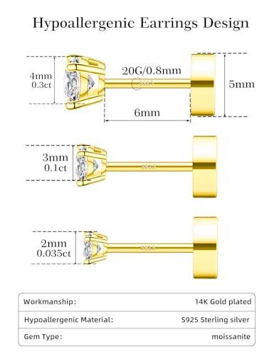 3 Pairs Moissanite Flatback Stud Earrings for Women, 925 Sterling Silver Hypoallergenic Flat Back Cartilage Earrings Set, 18K White Gold Plated - color: 14K Gold, size: 2,3,4mm