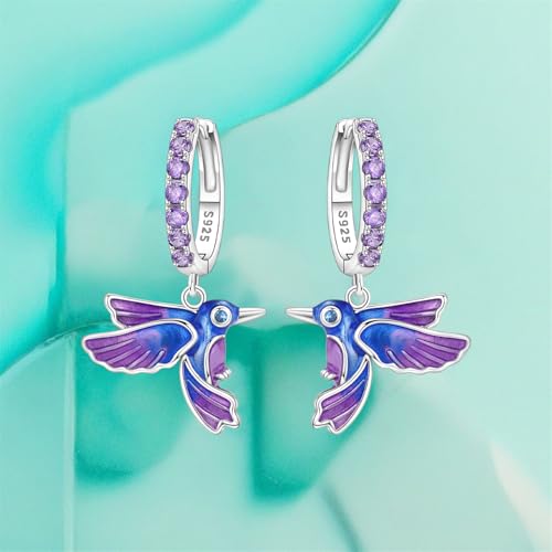 925 Sterling Silver Hoop Earrings Drop Dangle Earrings for Women Hypoallergenic Earring Trendy Huggie Earring Cute Graduation Birthday Gifts Jewelry for Women - color: Blue purple bird earrings