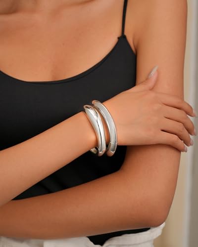 2pcs Gold Bangle Bracelets for Women, Trendy Hinged Cuff Open Wide Chunky Gold Bracelet Stack Arm Cuff Jewelry for Women - color: F-Silver Bangle