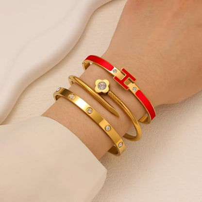 3Pcs Gold Bracelets for Women 14K Gold Plated Love/H/Nail Bangle Bracelet Dainty Non Tarnish Bracelet Jewelry Christmas Mothers Day Gifts for Women - color: 3Pcs Gold/Red H bracelet