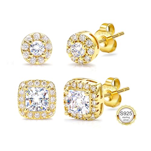 2 Pairs S925 Sterling Silver Stud Earrings for Women Halo Cubic Zirconia | 14K Gold Plated Hypoallergenic Non Tarnish Round Square Silver Stud Earring for Women Men Dainty Trendy Jewelry - style: Gold-Small Stone