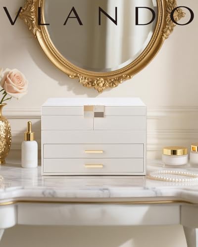 VLANDO Jewelry Box,4-Layer Design with Retractable Tray and 2 Drawers | Separate Necklaces,Rings,Bracelets,Earrings Organizer Areas,Watches Pillow,Birthday Gift,Vanity - color: A.Cloud White, size: 4-Layer