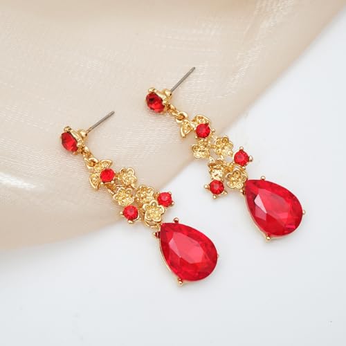 CSY Elegant Crystal Costume Jewelry Sets Flower Bridal Necklace Earrings Stretch Bangle Set for Bride Bridesmaid Wedding Dress Accessories - color: Red crystal-gold tone