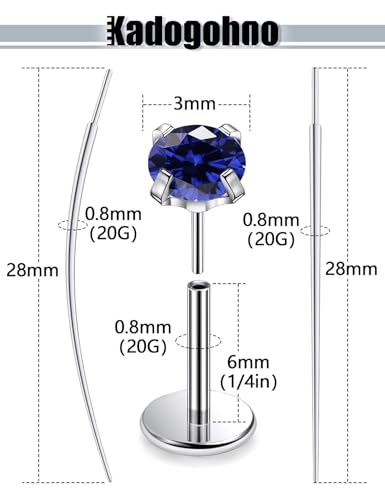 F136 Titanium 20/18/16g Internally Threaded Medusa Monroe Lip Ashley Labret Nose Rings Flat Back Tragus Helix Cartilage Conch Screw Stud Earrings Surgical Steel Piercing Jewelry for Women - color: Blue CZ, size: 20g*1/4in