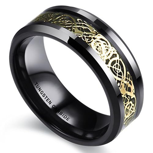 (8mm) Unisex or Men's Tungsten Carbide Wedding Ring Band. Black Band Celtic Knot Ring with Black Resin and Yellow Gold Inlay.