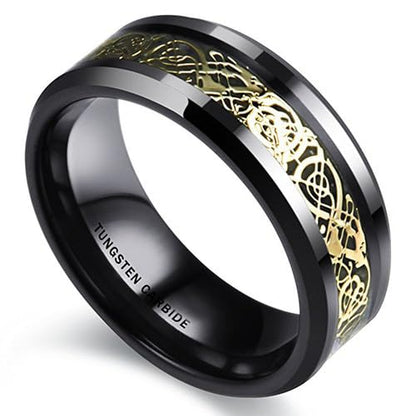 (8mm) Unisex or Men's Tungsten Carbide Wedding Ring Band. Black Band Celtic Knot Ring with Black Resin and Yellow Gold Inlay.