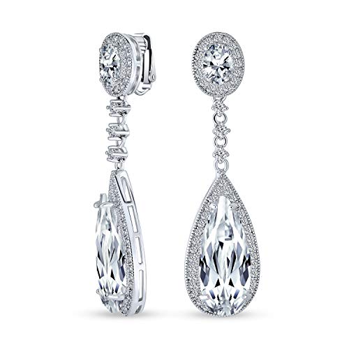 Long Cocktail CZ Halo Teardrop Chandelier Clip On Earrings Silver Plated - color: Clear Apr