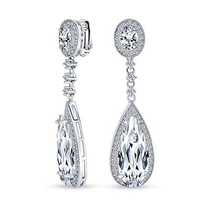 Long Cocktail CZ Halo Teardrop Chandelier Clip On Earrings Silver Plated - color: Clear Apr