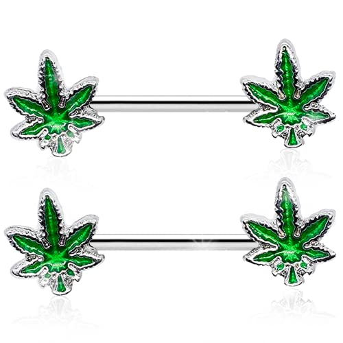 14G Nipple Piercing Surgical Stainless-Steel Set of 2 Barbell Marijuana Weed Cute Nipple Rings Nipple Piercing Jewelry for Women - 9/16" Barbell