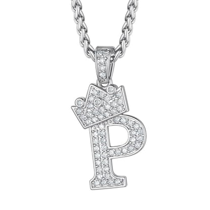 Richsteel Silver Crown Initial A-Z Letter Pendant Necklace for Men Women | Cubic Zirconia Monogram, 316L Steel Chain, 22" + 2" Extender,Hypoallergenic,Gift Box, Hip Hop Jewelry - style: P