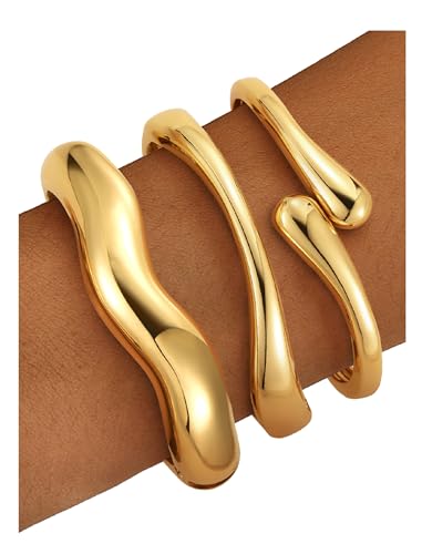 Chunky Gold Bangle Bracelets for Women – 14k Gold Plated | Cuff Bangles, Stackable Bracelet Set, Wide Trendy Fashion, Jewelry Gift - color: 03-Gold-3pcs