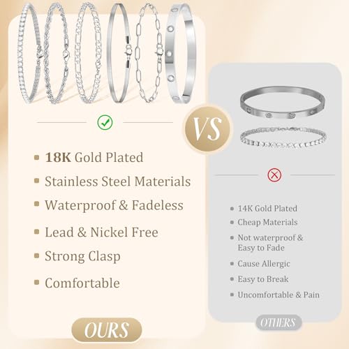 MOINSPIRE Bracelets for Women Non Tarnish, Dainty 18K Gold Plated Bracelets Stack Trendy Waterproof Stackable Bangles, Cuban Link Paperclip Chain Jewelry Set Fashion Accessories Gifts for Women - color: A5-Silver Clip Bead + Bracelet