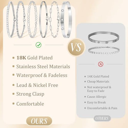 MOINSPIRE Bracelets for Women Non Tarnish, Dainty 18K Gold Plated Bracelets Stack Trendy Waterproof Stackable Bangles, Cuban Link Paperclip Chain Jewelry Set Fashion Accessories Gifts for Women - color: A5-Silver Clip Bead + Bracelet