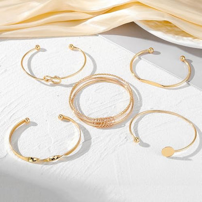 Rrdaily 14k Gold Plated Bangle Bracelet Set for Women,Silver Stackable Multi-Layer Circle Charm Bracelet,Trendy Simple Layered Non Tarnish Cuff Bracelet - color: Gold