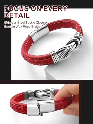 Mens Black Braided Leather Bracelet, Green/Red/Brown/Black Braided Leather Infinity Knot Bracelets for Men with Stainless Steel Clasp, 7.5/8.5/9in Length - color: 05-Red
